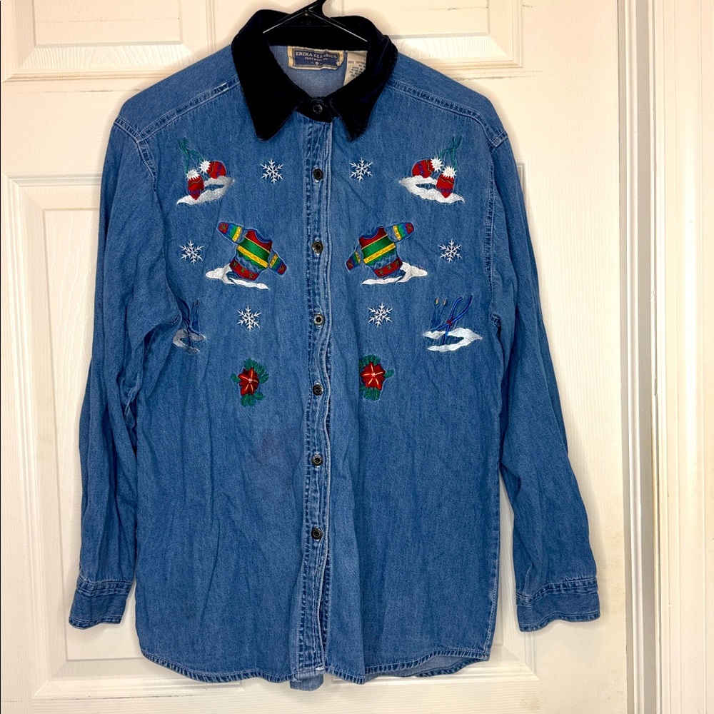 Vintage Denim chambray button down embroidered ski snow shirt L teacher